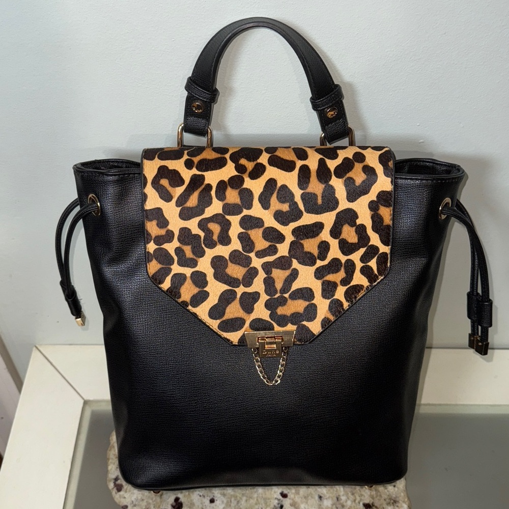 DUNE LONDON GENUINE CALF HAIR SAFFIANO LEATHER CHEETAH LEOPARD BACKPACK